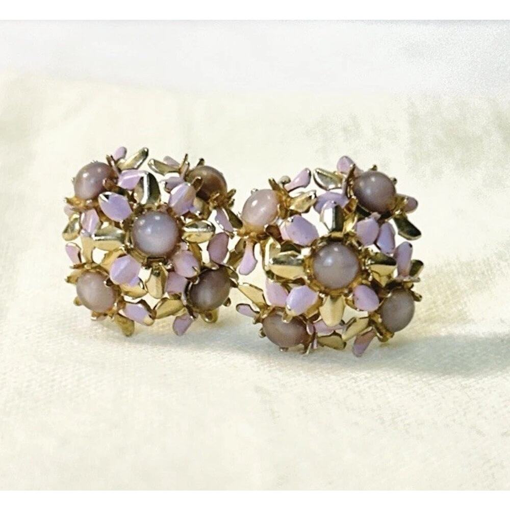 Vintage Enamel Earrings Flowers Lavender Moonglow Gold Tone Screw Back Dainty